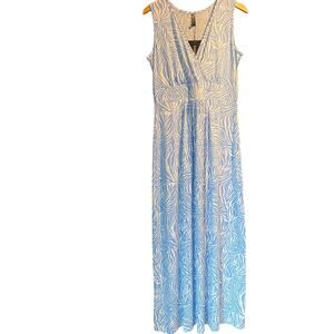 Woosea NWT Size XL Boho Cottage blue white print maxi V-Neck dress knit stretchy